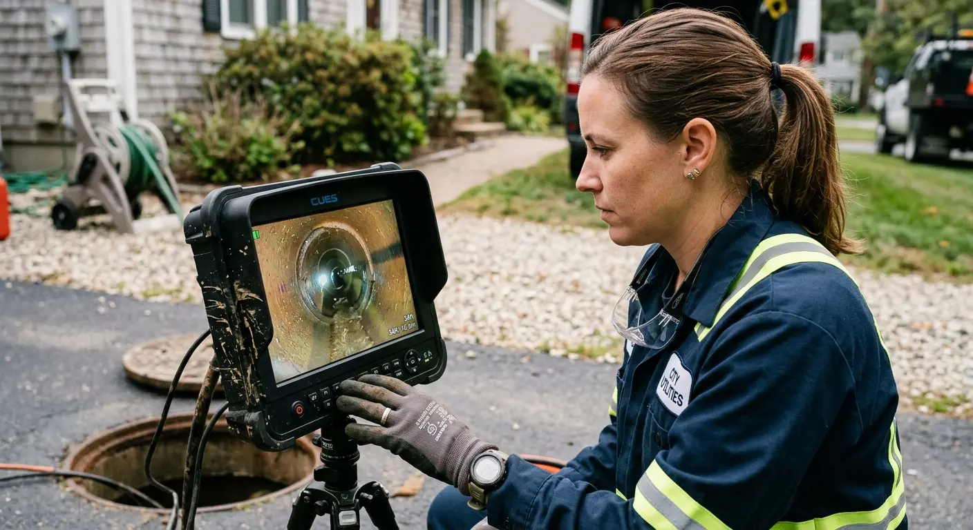 Technician reviewing sewer camera inspection footage in Green River