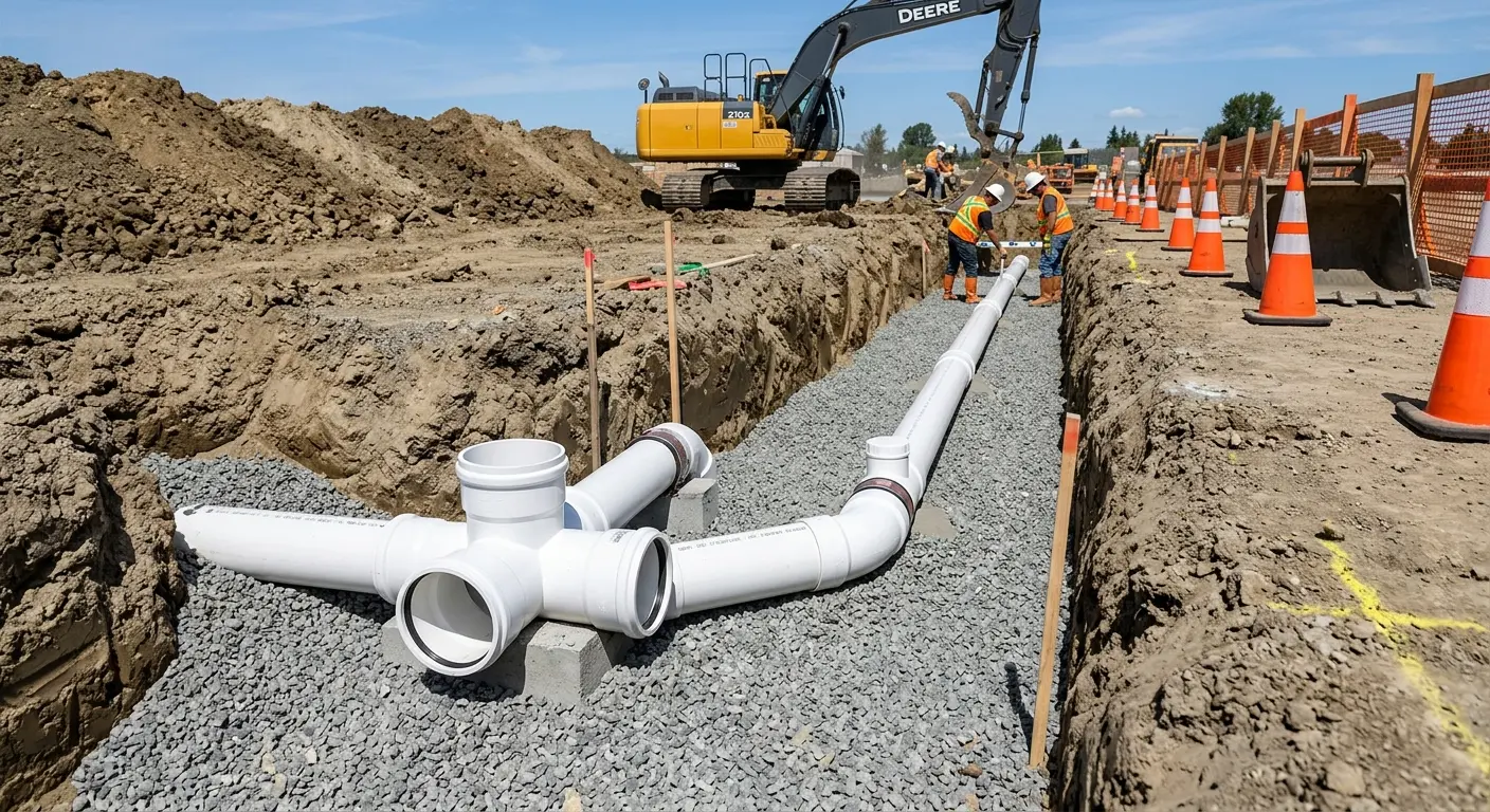 New PVC sewer pipe installation in open trench for Commercial Drain Cleaning in Green River