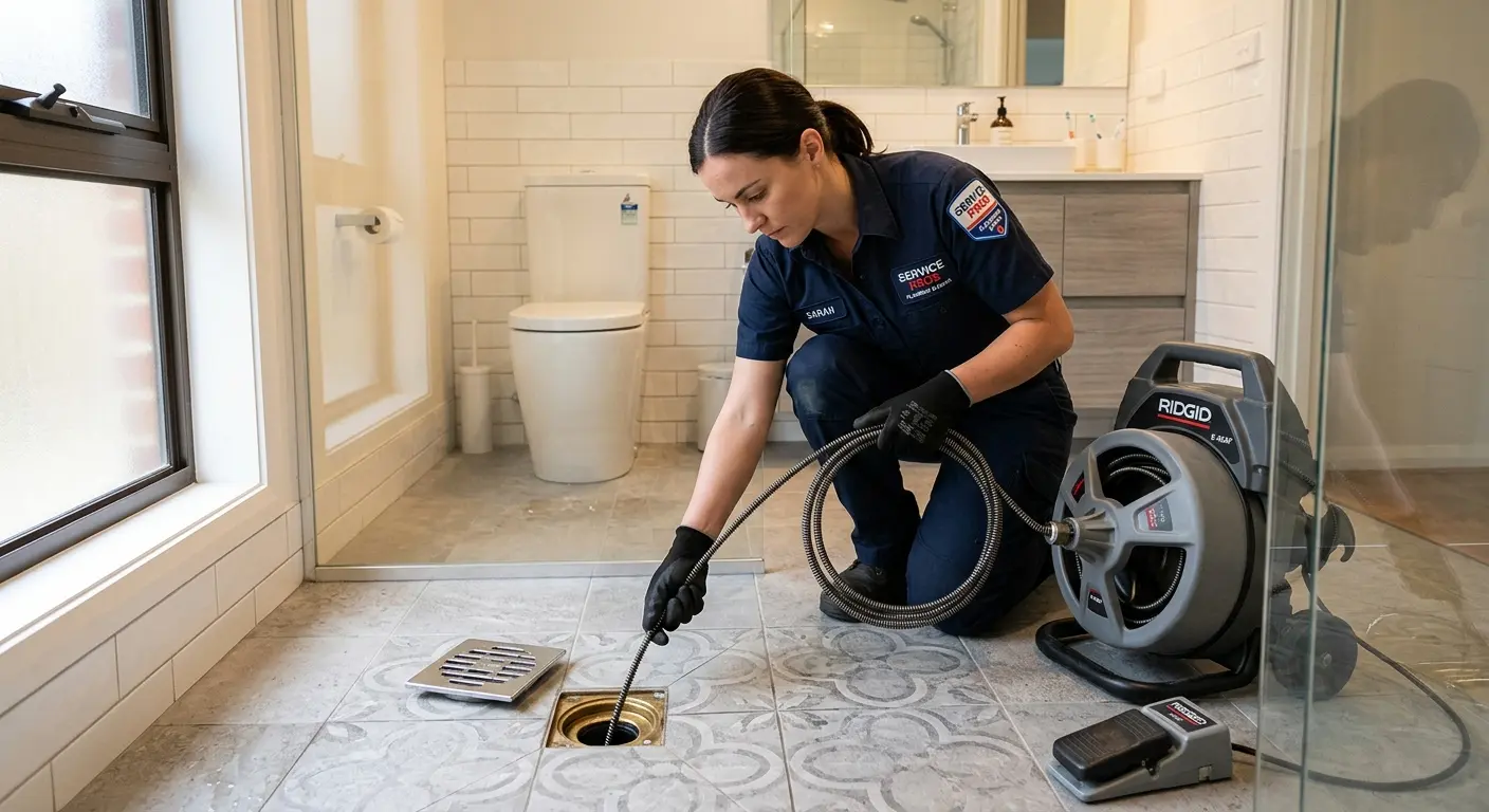 Technician clearing a bathroom floor drain for Sewer Line Replacement in Green River